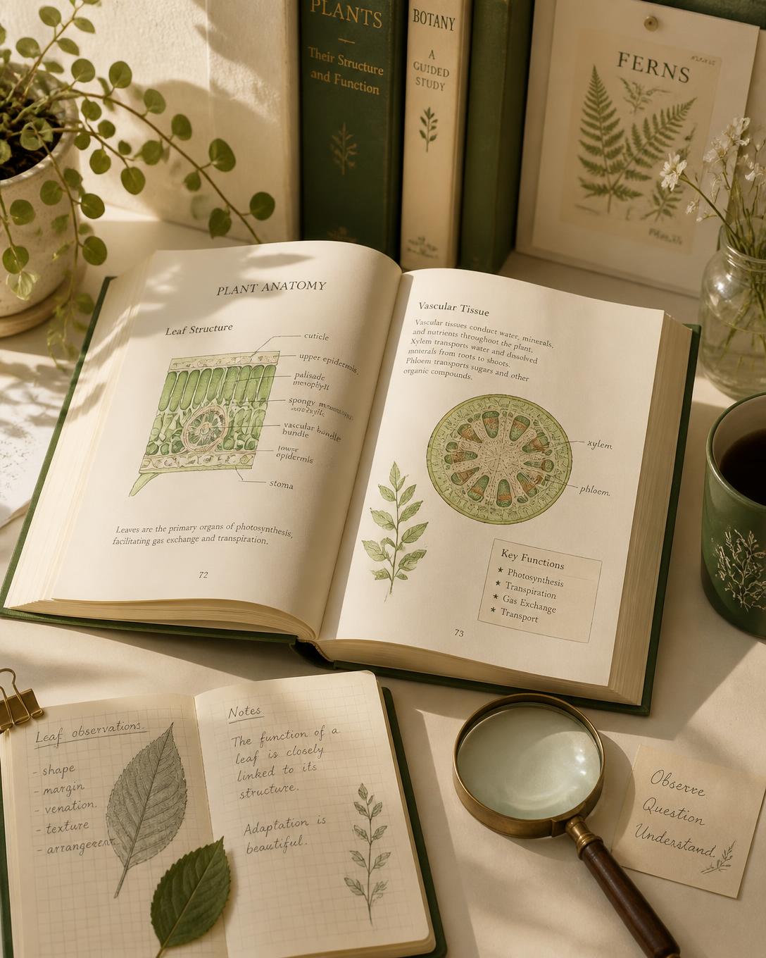 Biology textbook with plant anatomy diagrams and study notes